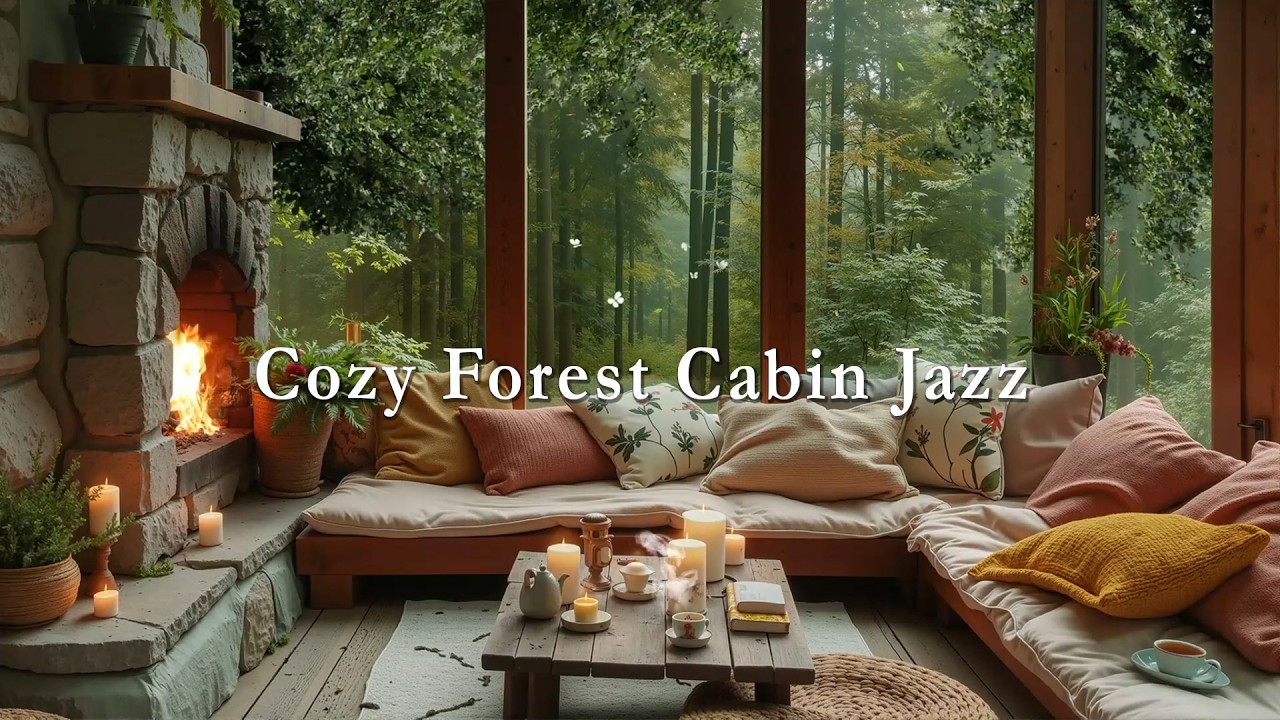 Cozy Forest Cabin Jazz ☕ Cozy Fireplace, Soft Green Views & Smooth Jazz Relaxation