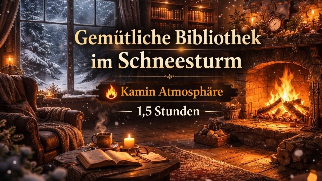 Snowstorm Outside a Cozy Library Window ❄️🔥 Fireplace Ambience for Study & Sleep (1.5 Hours)
