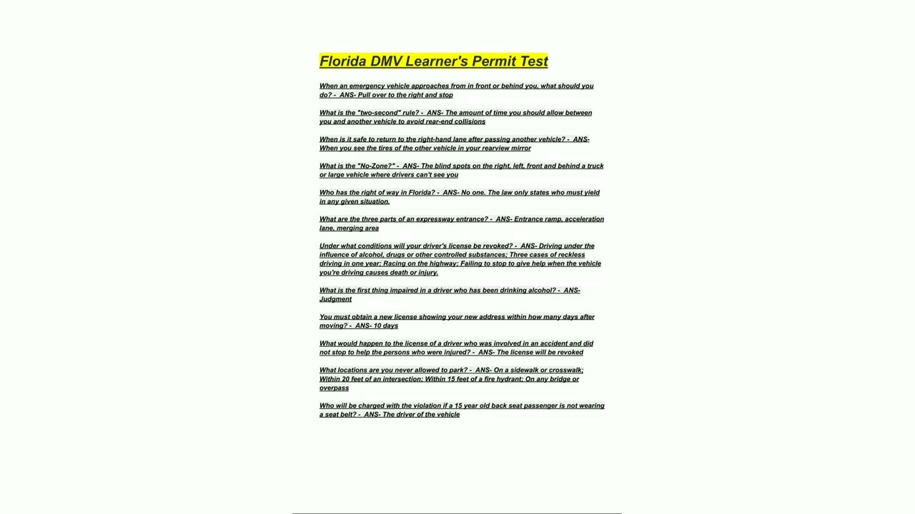 Florida DMV Learners Permit Test Questions and Answers 20252026 A GRADED 100 VERIFIED2