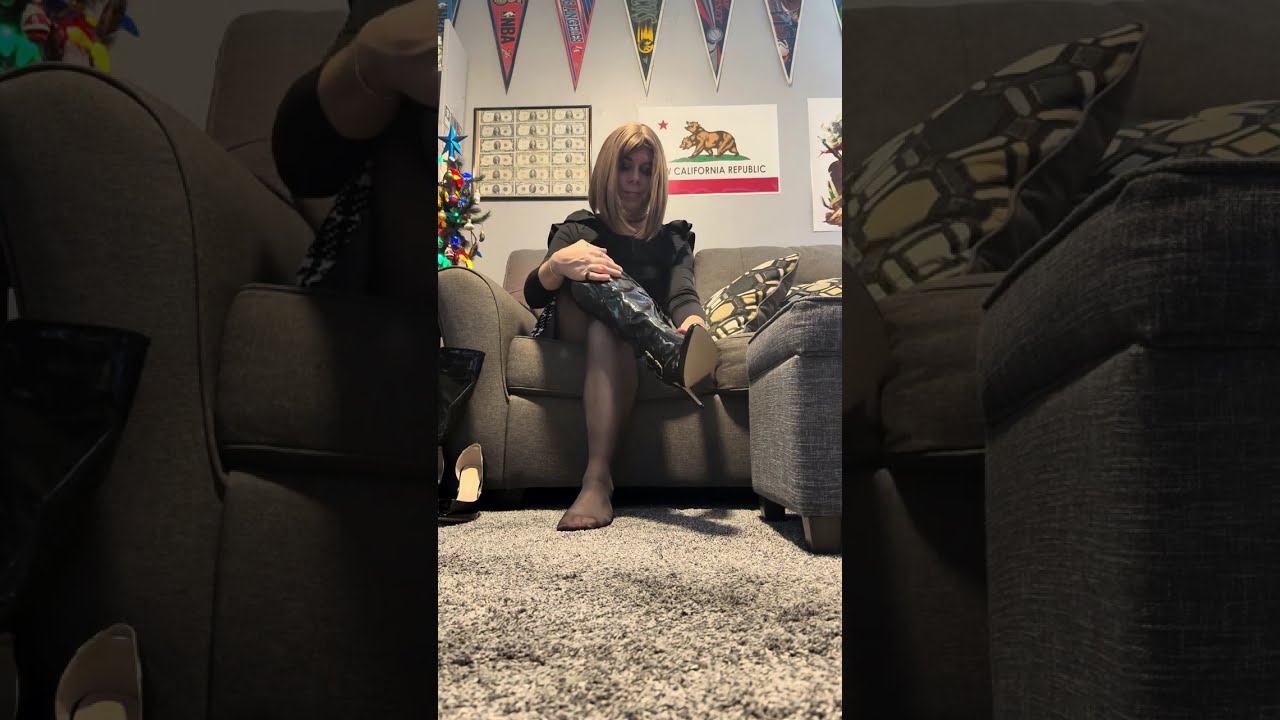 Crossdresser Kayla – Couch View in my New Years Outfit -  Wolford off black Pantyhose & Boots/Heels