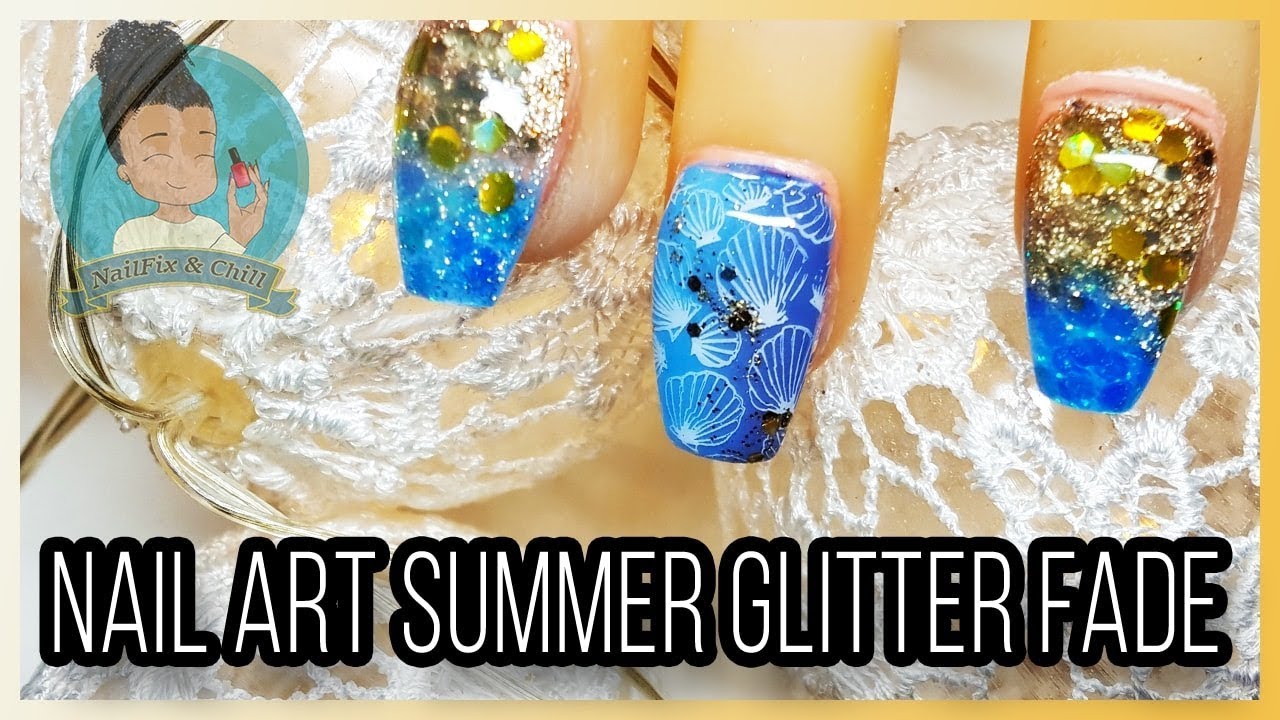 Nail art - Summer glitter fade - Paillettes encapsul&eacute;es - d&eacute;grad&eacute; en VSP et stampig