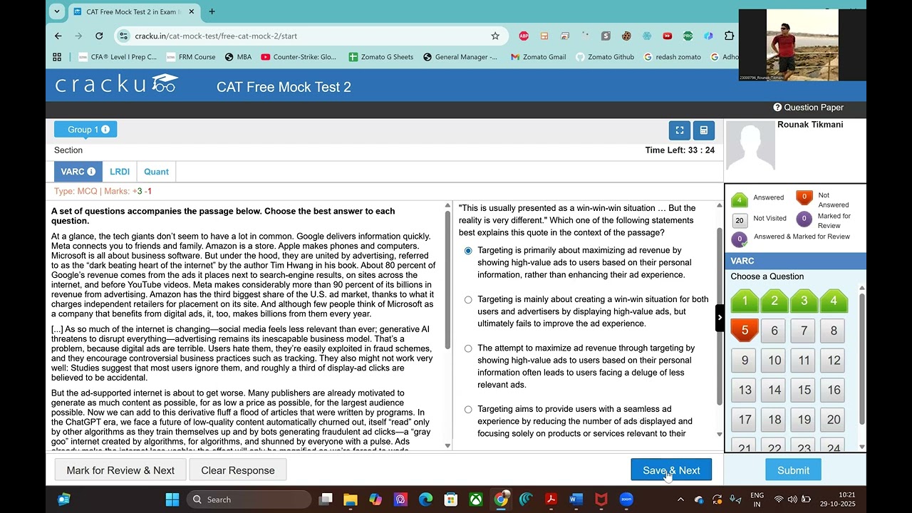 Free Mock CAT CrackU-2, Mock attempt by IIM Bangalore Student || CAT'23:99.90 || Rounak Tikmani