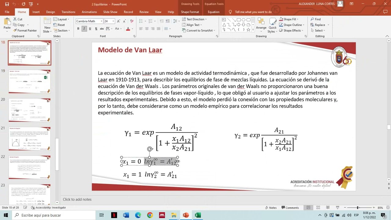 Modelo de Van Laar termodinámica 2 - ejemplo resuelto
