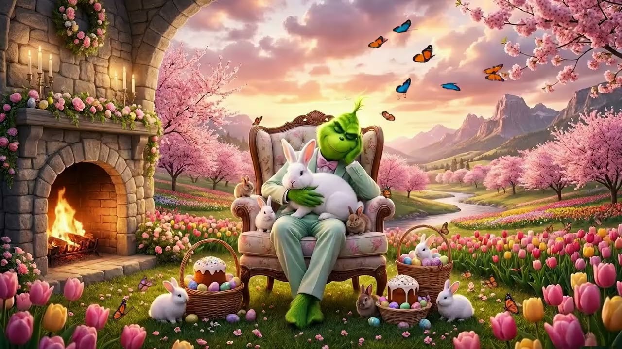 🌞 Cozy Spring Dreams with Grinch 🐰🌷 | Fireplace & Nature Ambience 🔥🍃