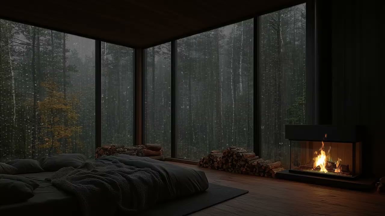 Rain Sounds and Crackling Fire in a Warm Cozy Room for Deep Sleep and Stress Relief
