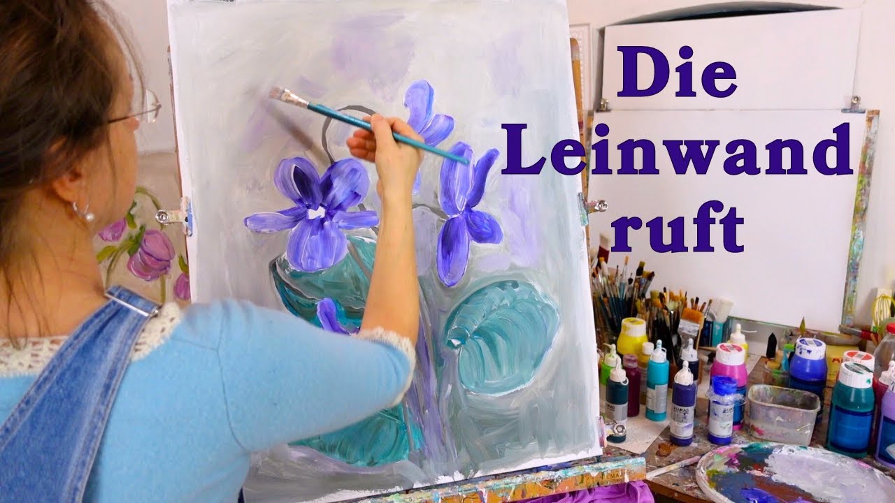 Veilchen malen, K&uuml;nstlerin vor der Staffelei, Duftveilchen in Acryl gemalt