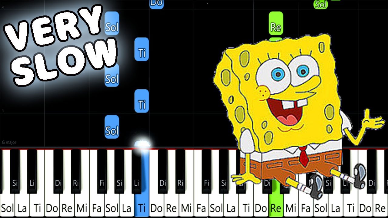 Spongebob Theme Song - VERY SLOW EASY Piano Tutorial [animelovemen]
