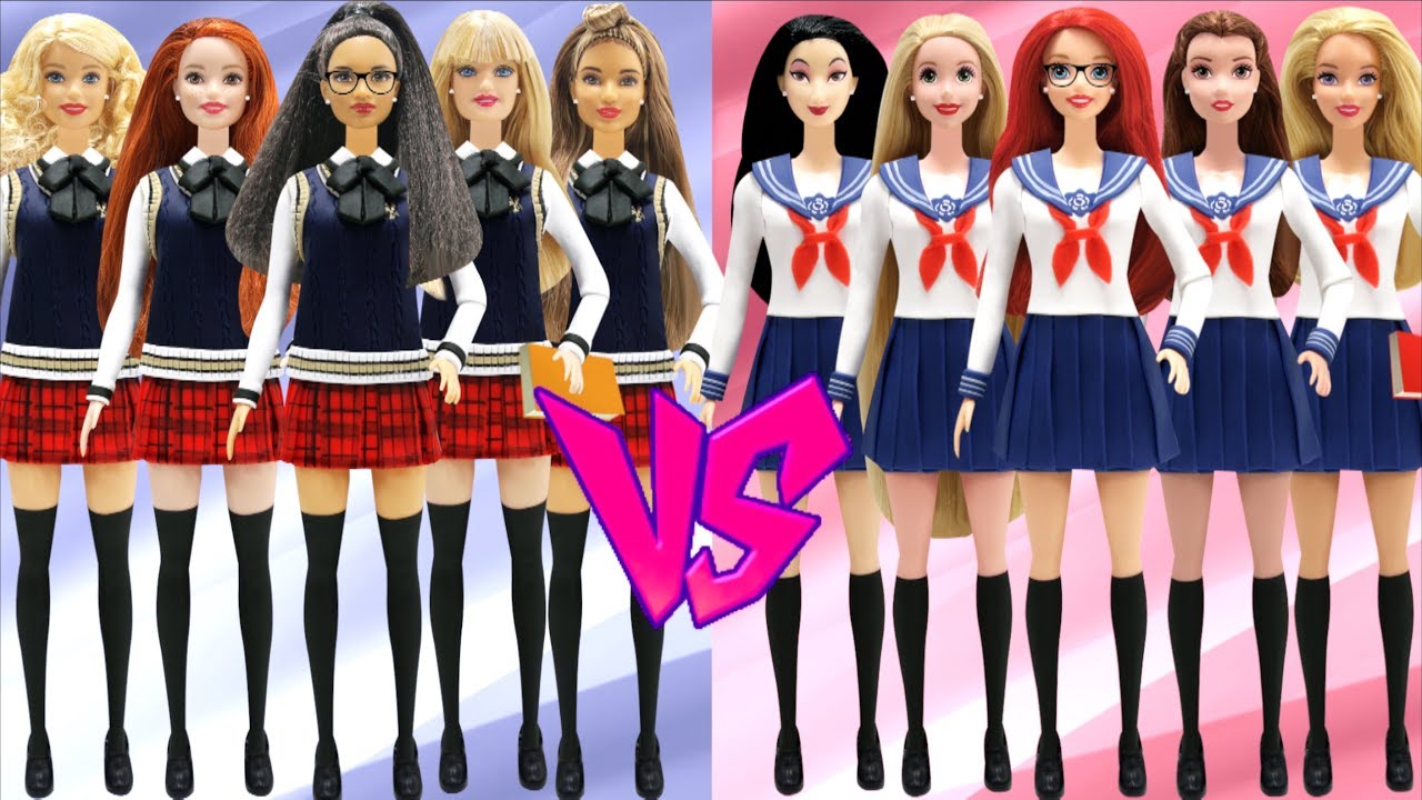 Play Doh School Uniforms  Disney Princesses VS Barbie Dolls  Inspired Costumes