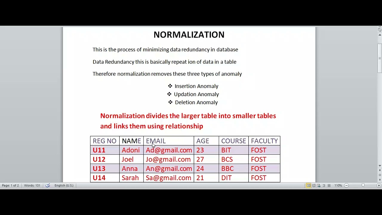 NORMALIZATION I DATABASE #ANOMALIES.  LECTURE ONE 