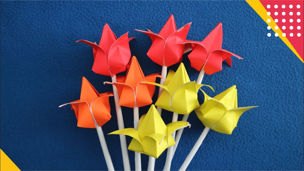 TULIP ORIGAMI - CARA MEMBUAT HIASAN BUNGA TULIP DARI KERTAS MUDAH (How to fold flower easy Tutorial)