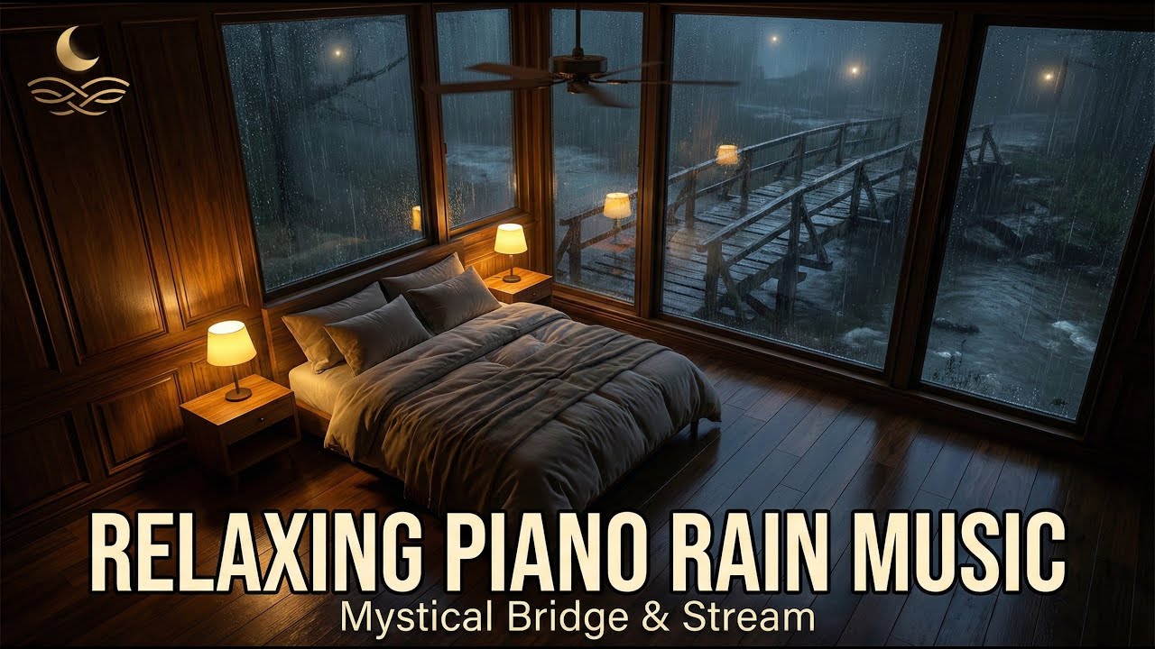 Relaxing Piano and Rain Dark Golden Wood Bedroom with Mystical Bridge & Stream/@Goldensleepwaves