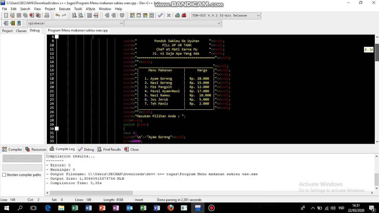 Tutorial membuat program menu makanan menggunakan C++