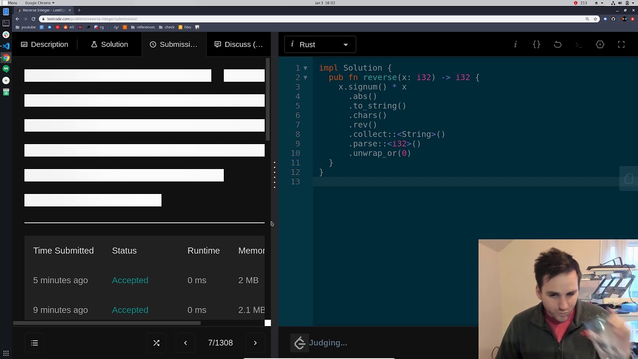 Leetcode Problem 7 in Rust - Reverse Integer - 0ms, 2MB