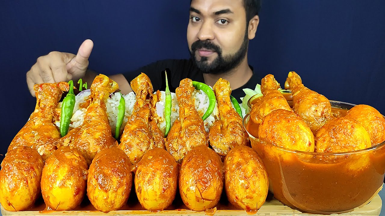 SPICY CHICKEN CURRY, EGG CURRY, CHICKEN LEG PIECE, RICE, SALAD MUKBANG ASMR EATING SHOW | BIG BITES