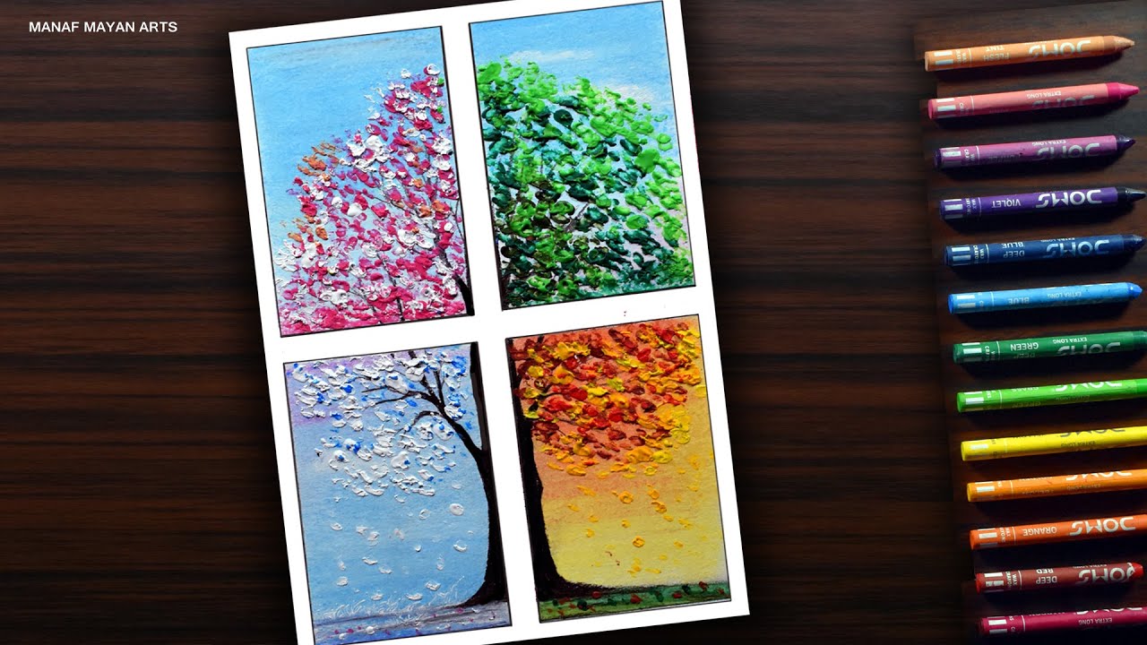 4 Seasons Scenery | Drawing with Wax Crayons - Step by Step #191