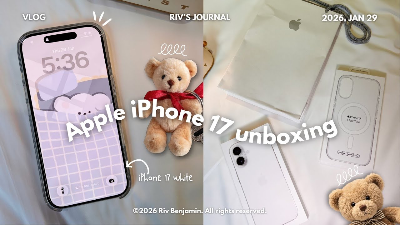 iPhone 17 (white) aesthetic unboxing | Accessories, initial setup & camera test 📱📦💌🧸🤍🪴