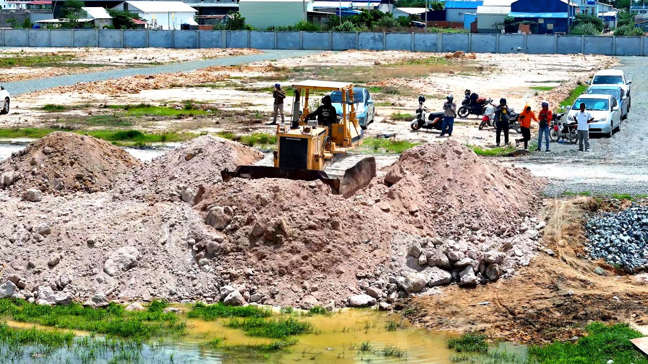 Starting New Project Landfill By Komatsu D58 Bulldozer Pushing Soil & 5Ton Dump Truck Unloading Soil