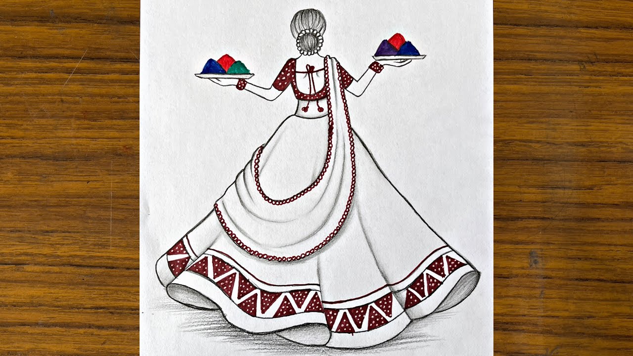A Beautiful Traditional Girl Celebrating Holi Drawing || Easy drawing of happy holi || Holi drawing
