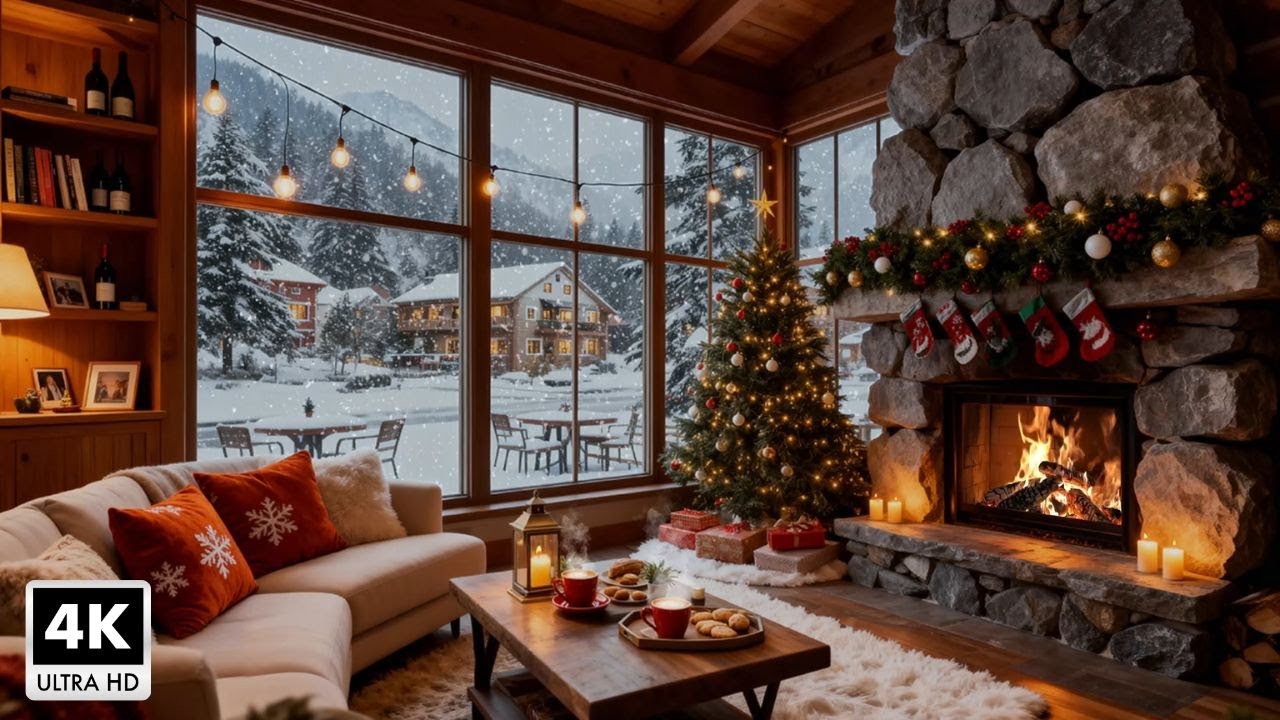 Christmas Jazz Music With Warm Fireplace 🔥 Gentle Snowfall and Stress-Relief Jazz Piano Music