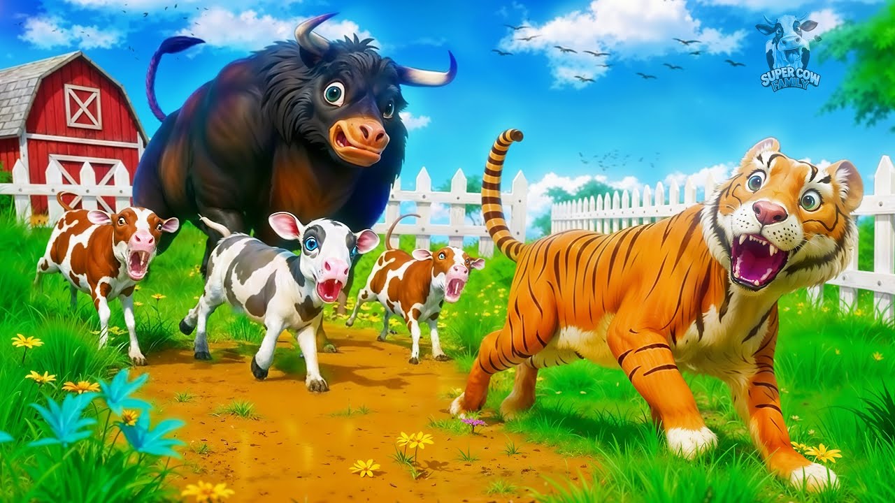 Super Bull Saves Cow Calf from Wild Tiger | Epic Farm Adventure