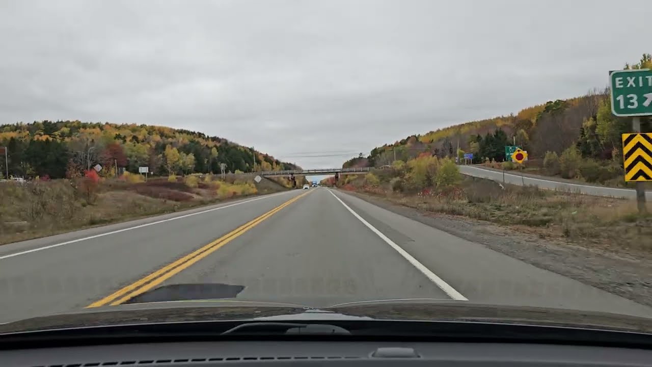 Moody autumn drive on Highway 101 westbound through the Annapolis Valley, Nova Scotia, Canada. 