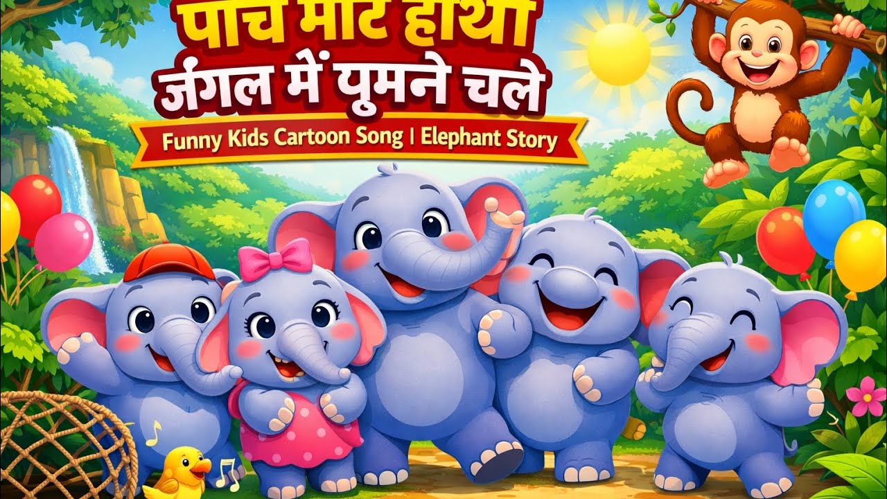 🐘 पांच मोटे हाथी जंगल में घूमने चले | Funny Kids Cartoon Song | Elephant Story