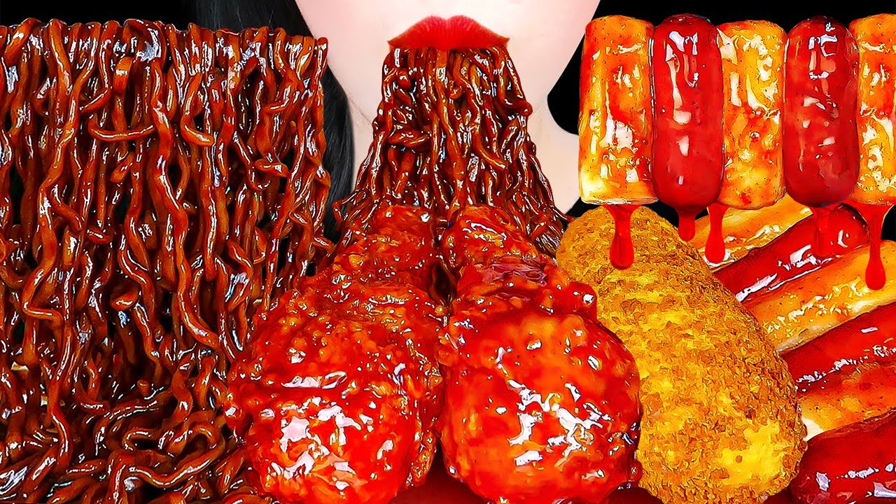ASMR MUKBANG) BLACK BEAN NOODLES, SPICY CHICKEN, SAUSAGE 양념치킨, 짜장면, 모짜렐라 핫도그, 소떡소떡 먹방 EATING SOUNDS