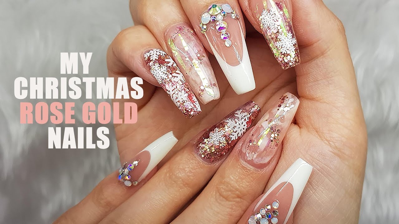 Acrylic Nails | Rose Gold Christmas Nails | Pre Pinched Ballerina shape | Reverse French application