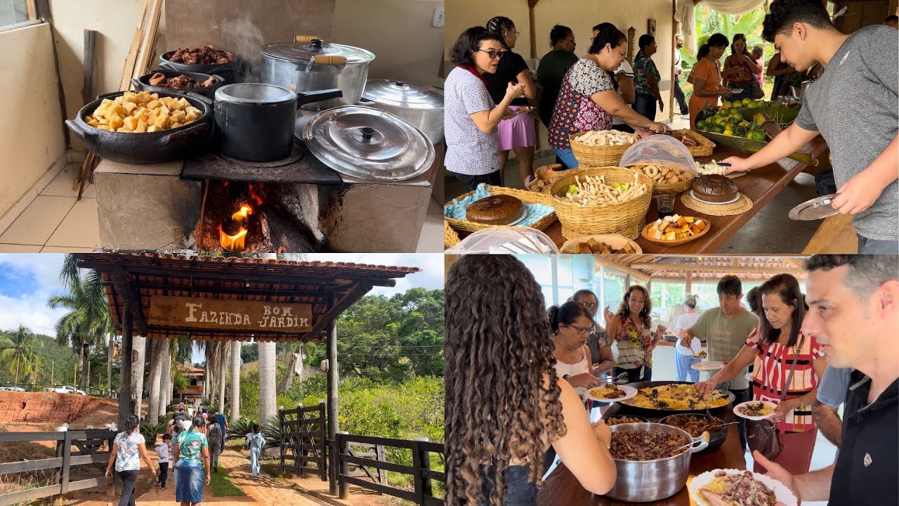 ALMOÇO CAIPIRA NA FAZENDA, SUÃ COM ARROZ, CARNE DE LATA E MUITA GENTE.