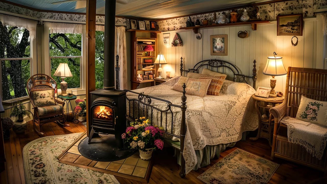 🔴Relaxing Rain Ambience | Sleeping in a Cozy Log Cabin with Warm Fireplace & Soothing Rain Sounds