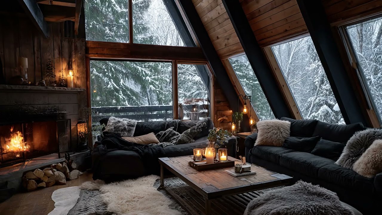 Warm Fireplace  Relaxing Holiday Ambience with Snowfall