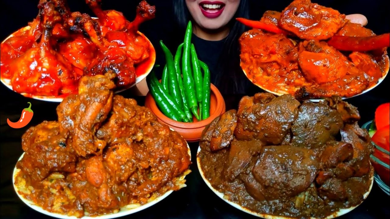 ASMR:EATING SPICY ACHARI CHICKEN CURRY, SPICY CHICKEN MASALA & LIVER CURRY,LOLIPOP,CHILLI#hungrygirl