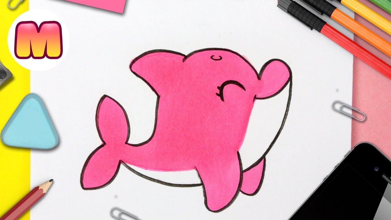 COMO DIBUJAR UN DELFIN KAWAII FACIL PASO A PASO - Como dibujar y pintar animales kawaii