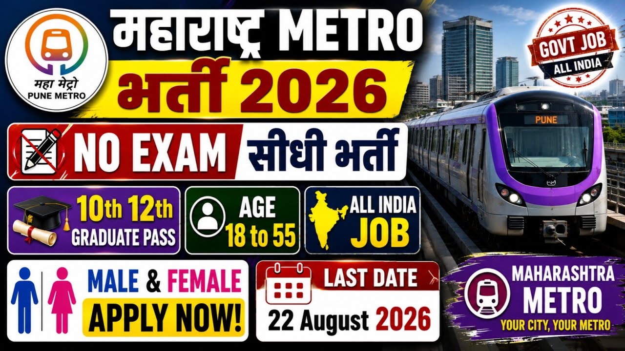 Railway Metro New Vacancy 2026 | Pune Metro Recruitment 2026 | 10th Pass | Mumbai Metro Bharti 2026