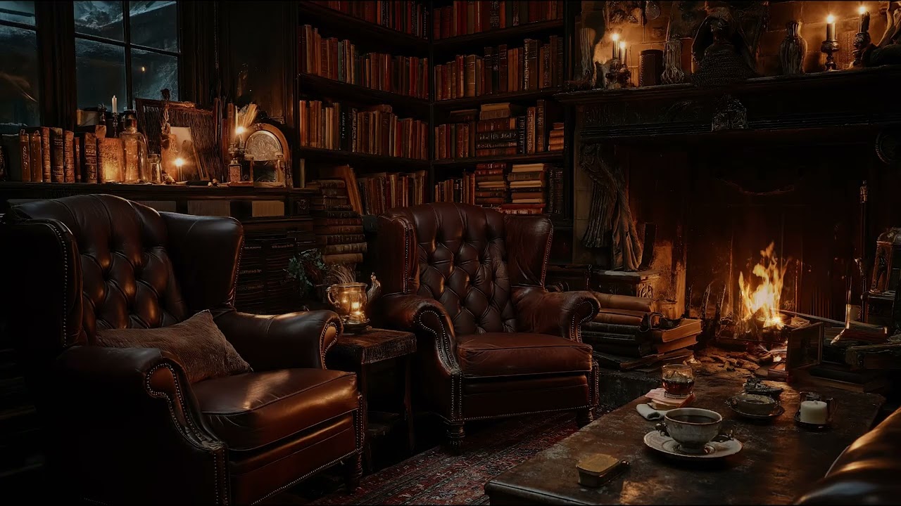 Warm Library Fireplace Ambience with Gentle Crackling Fire Sounds for Sleep, Study, and Relaxation