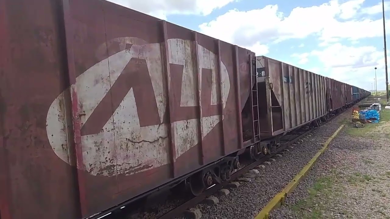 Trem carregado com vários vagões azuis novos + vagão com pintura temática das famílias 
