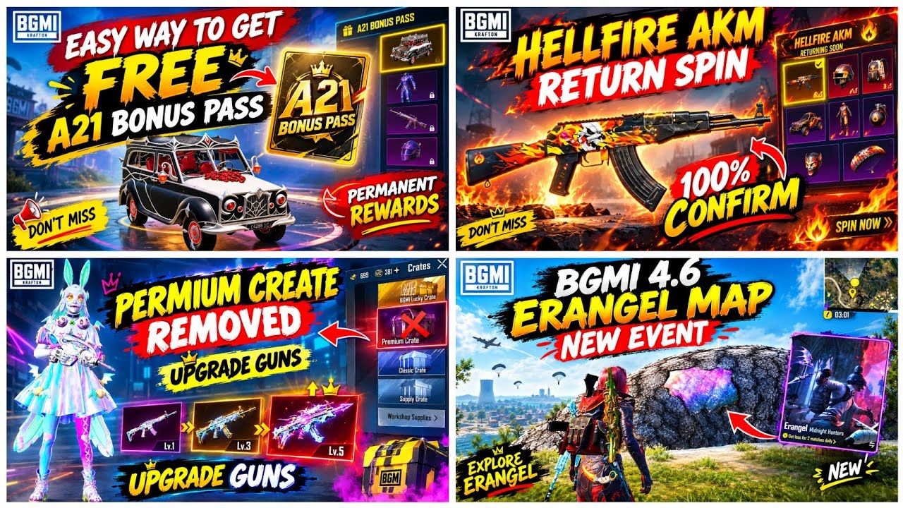 EASY WAY TO GET FREE (A21 BONUS PASS) | HELLFIRE AKM RETURN | NEW PERMIUM CREATE | ERANGEL EVENT