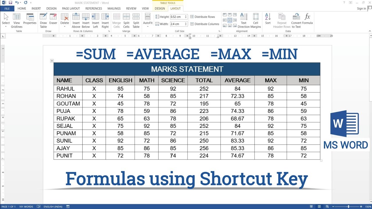 How to use Formula in Microsoft Word | Table in MS Word