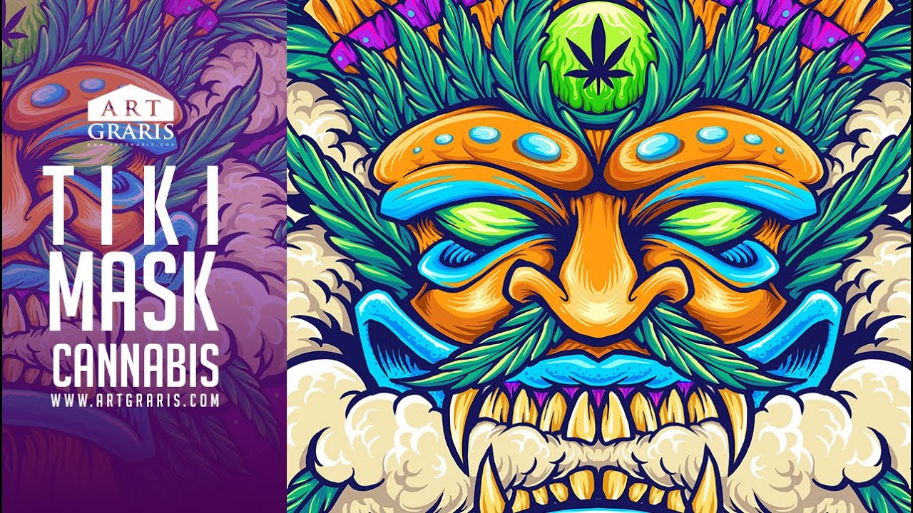 Angry Tiki Mask Drawing Cartoon Weed Cannabis Logo Illustrations, Digital Artist Commissions