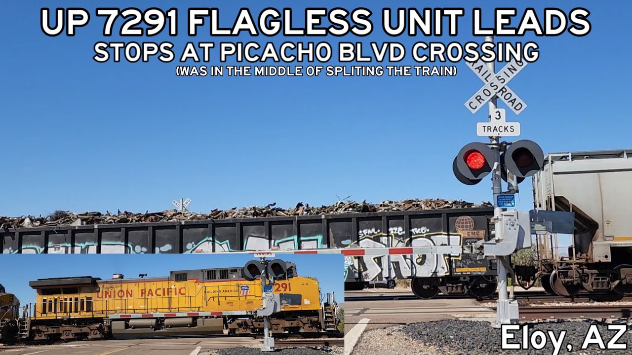 UP 7291 "Flagless Unit" Leads Manifest Train WB Then Stops, Picacho Blvd Crossing, Eloy, AZ