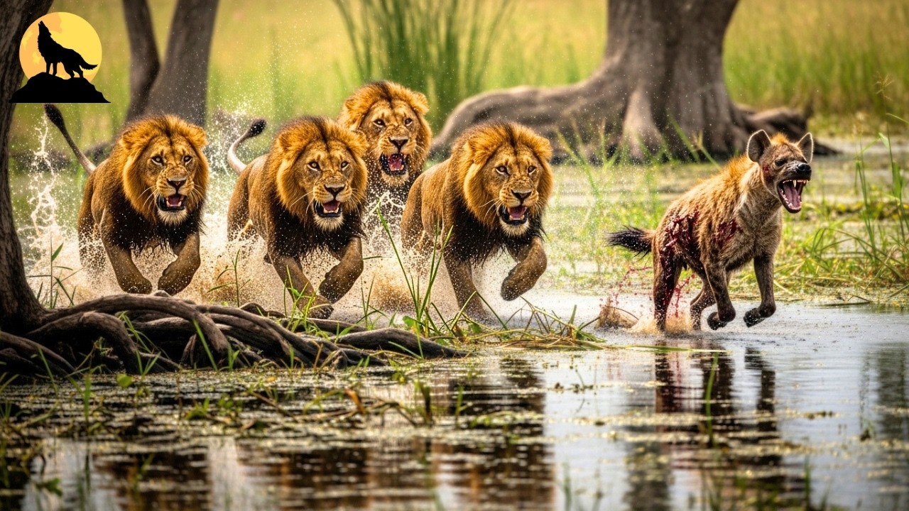 Cuatro Leones Machos Contra una Hiena Solitaria – El Final No Es Lo Que Piensas | animales salvajes