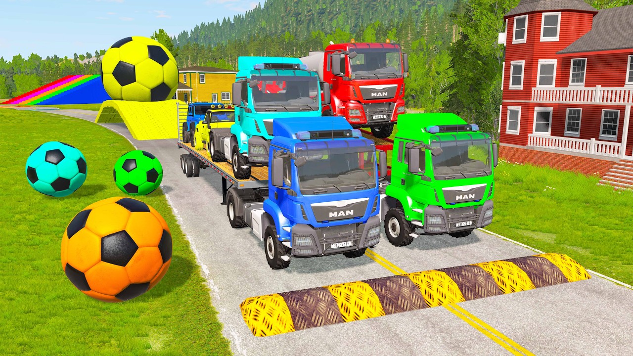 Flatbed Trailer McQueen Transportation with Truck - Speedbumps vs Cars vs Train - BeamNG.Drive #3