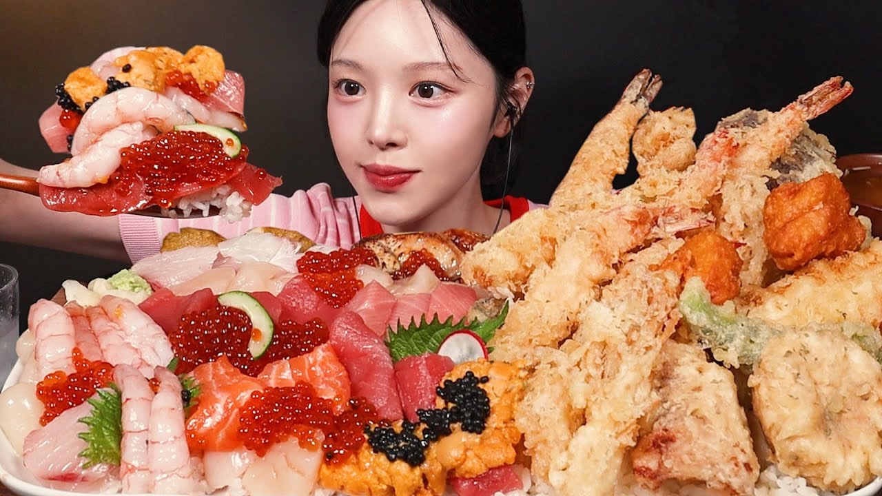 SUB)주문하신 카이텐동 나왔습니다🍱 두툼한 회덮밥에 바삭끝판왕 튀김 먹방! 해산물 꿀조합 Crispy Tempura & Sashimi Rice Bowl Mukbang ASMR