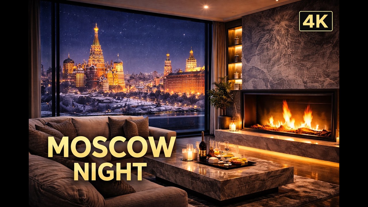 Moscow at Night ❄️ Luxury Penthouse Fireplace with Snowy Skyline (4K Ambience)
