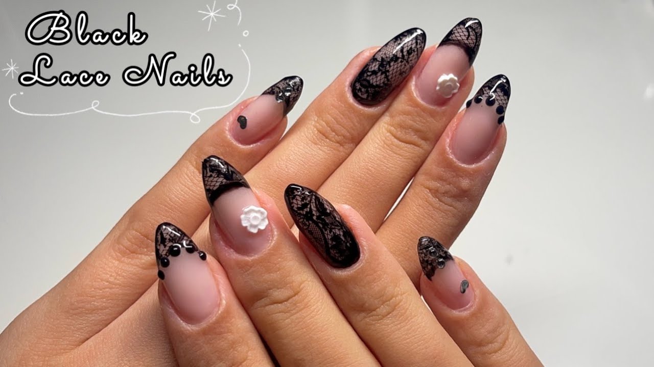 black lace nail art tutorial 🖤 I 3D flower & french tips