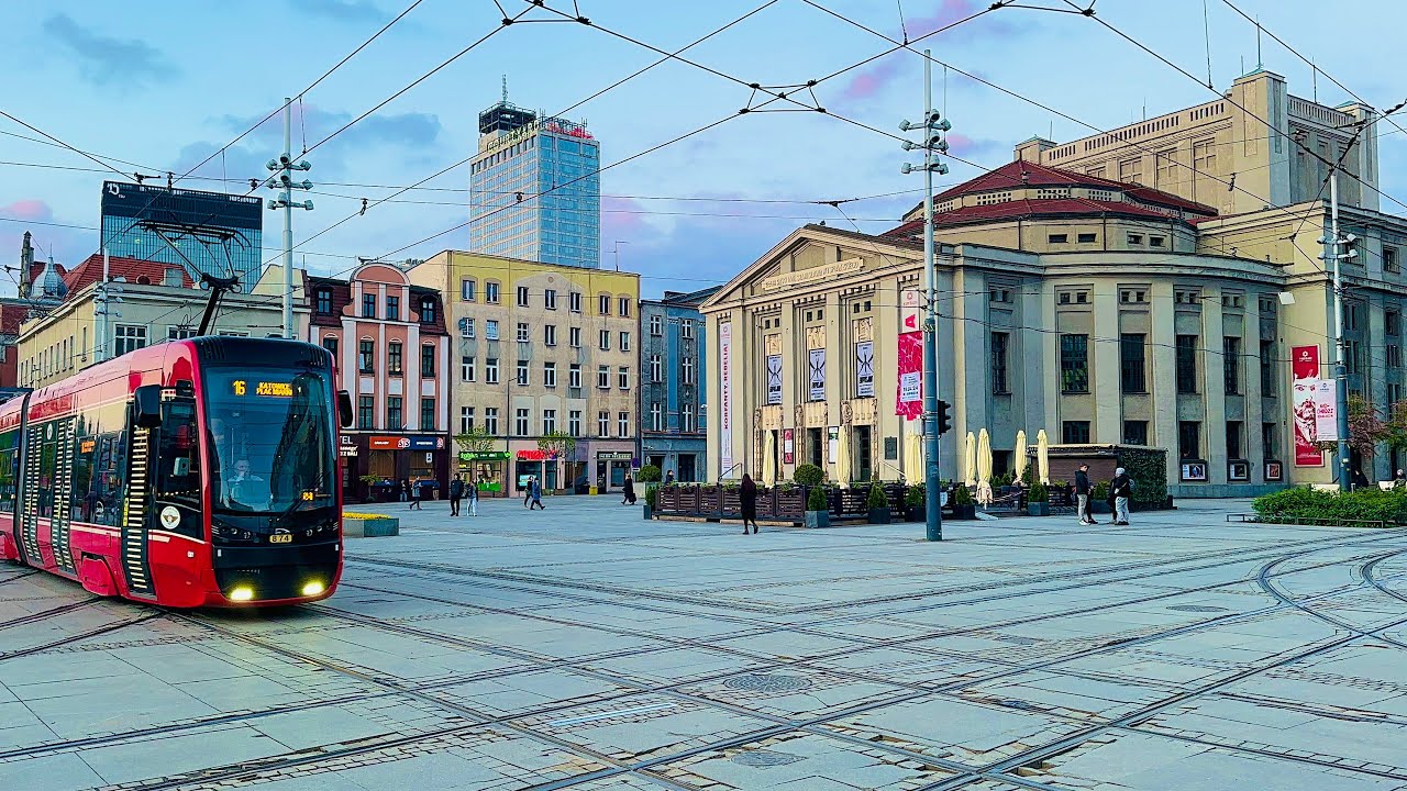 Katowice Poland , Evening in the city center【4K Walking Tour】