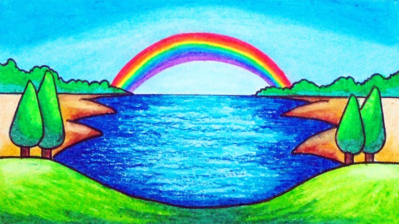 Easy Rainbow Scenery Drawing | How to Draw Simple Scenery step by step with Oil Pastels