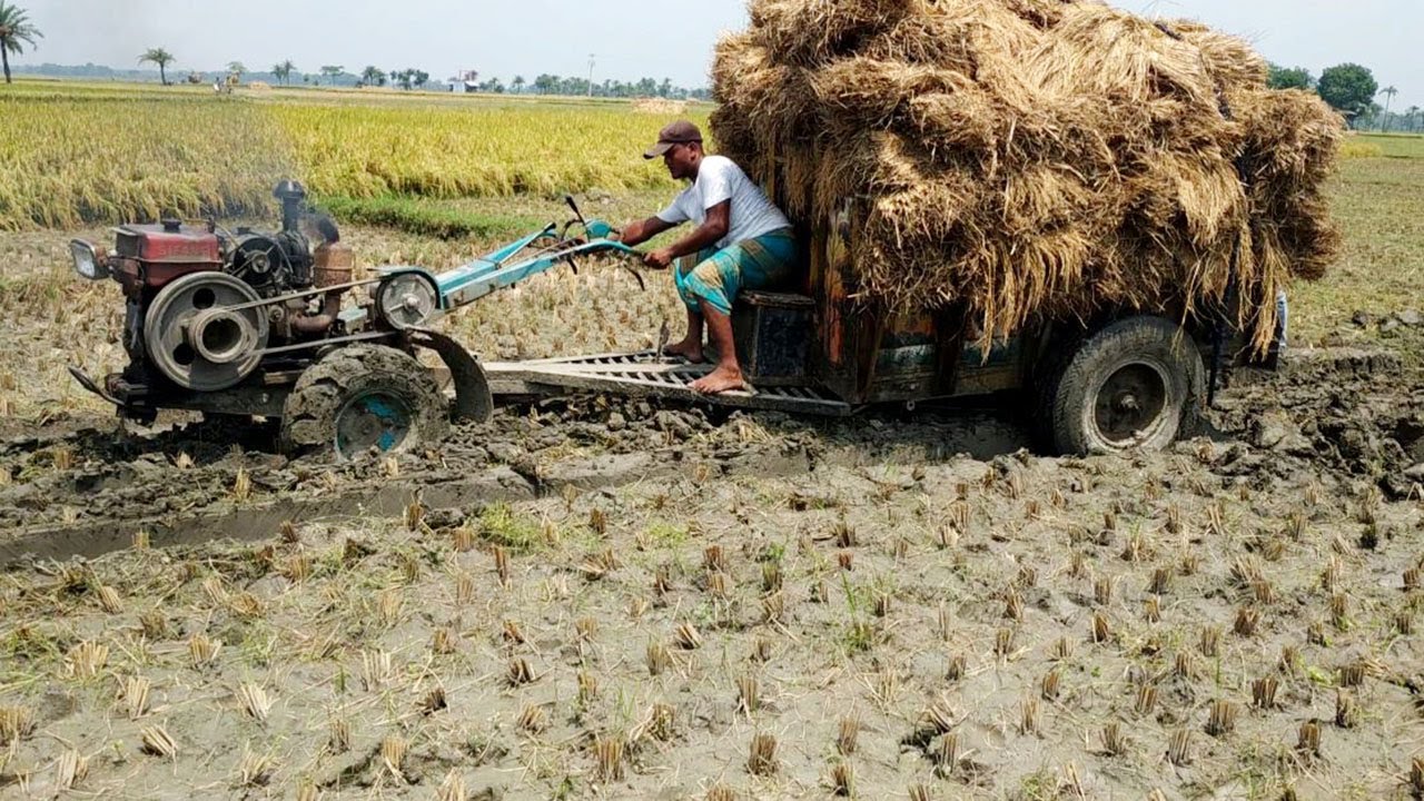 Old power tiller tractor with full loaded trolley in field | Mini power tiller tractor power | VA