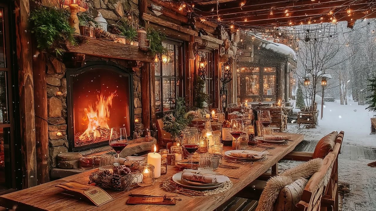 Winter Cabin Porch with Crackling Fireplace 🔥 Soft Jazz Piano for Calm & Peaceful Vibes