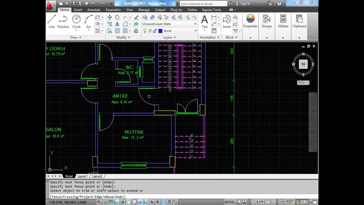 Autocad te kat planı (merdiven, balkon ve sıva) çizimi -2 anlatım 15